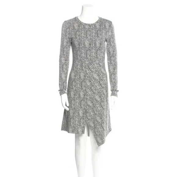 Stella McCartney Sz10 Gray Long Sleeve Asymmetric Hem Houndstooth Jersey Dress - Picture 1 of 4